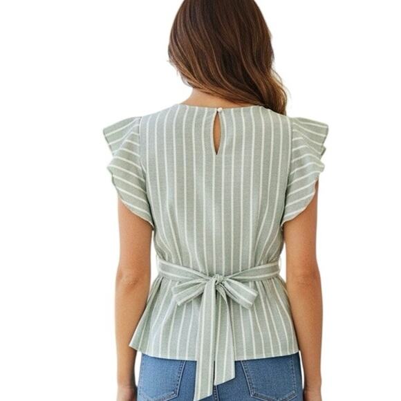 Lydelle Green White Striped Peplum Blouse Women’s Medium - Picture 2 of 6